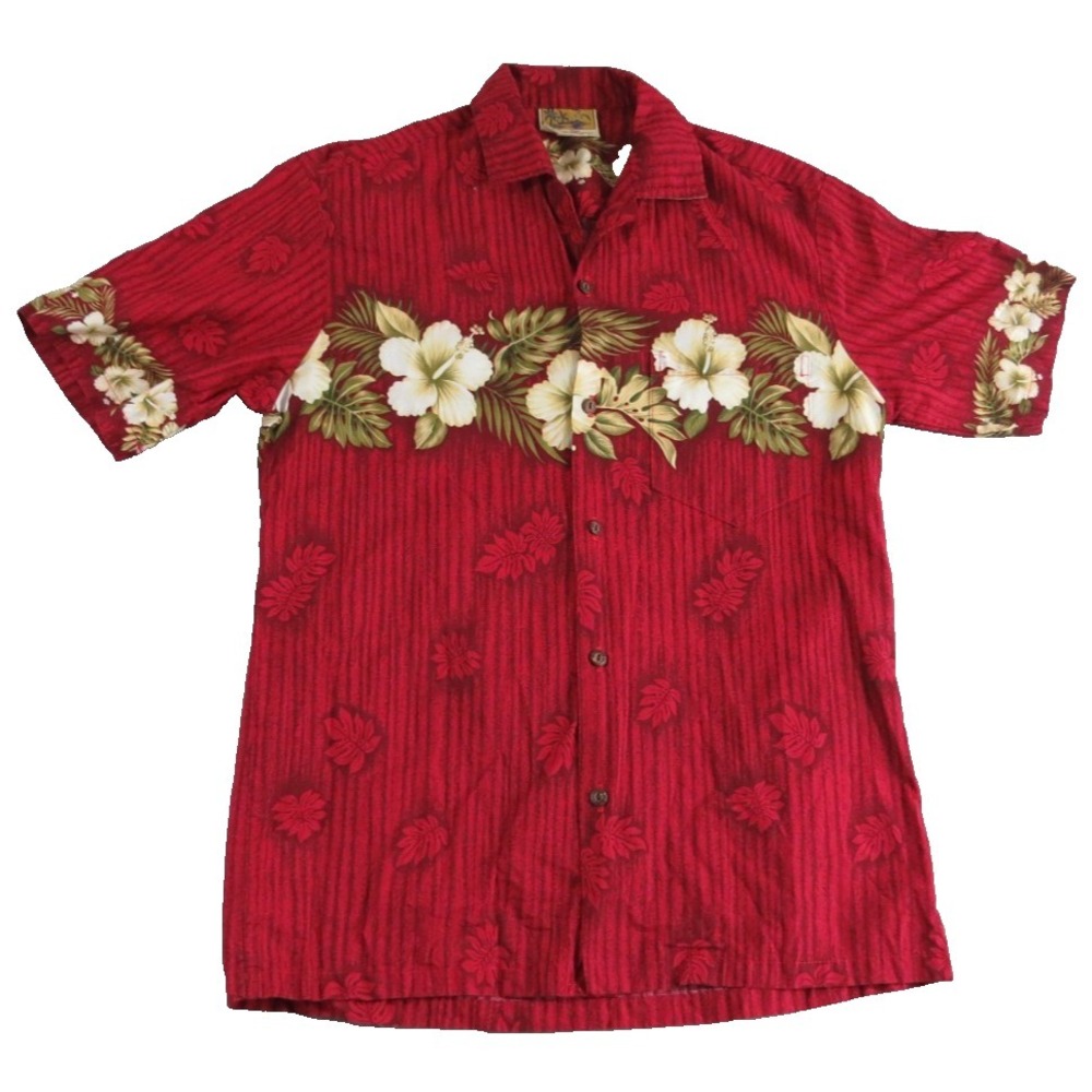 Winnie Fashion Hawaiian Aloha Shirt Mens M Hibiscus Floral Print Cotton‎ Hawaii